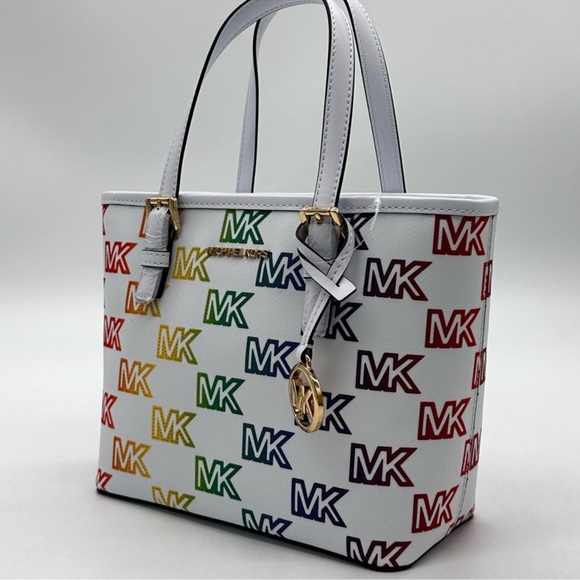 Michael Kors Jet Set Travel Extra-Small Top Zip Tote Bag Rainbow Optic White - Picture 2 of 11